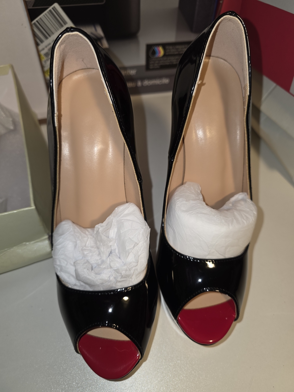 Black Patent Peep-Toe Pumps with Red Insole